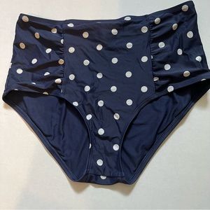 Aerie High Waisted Navy Blue and White Polka Dot Bikini Bottom, Size Med